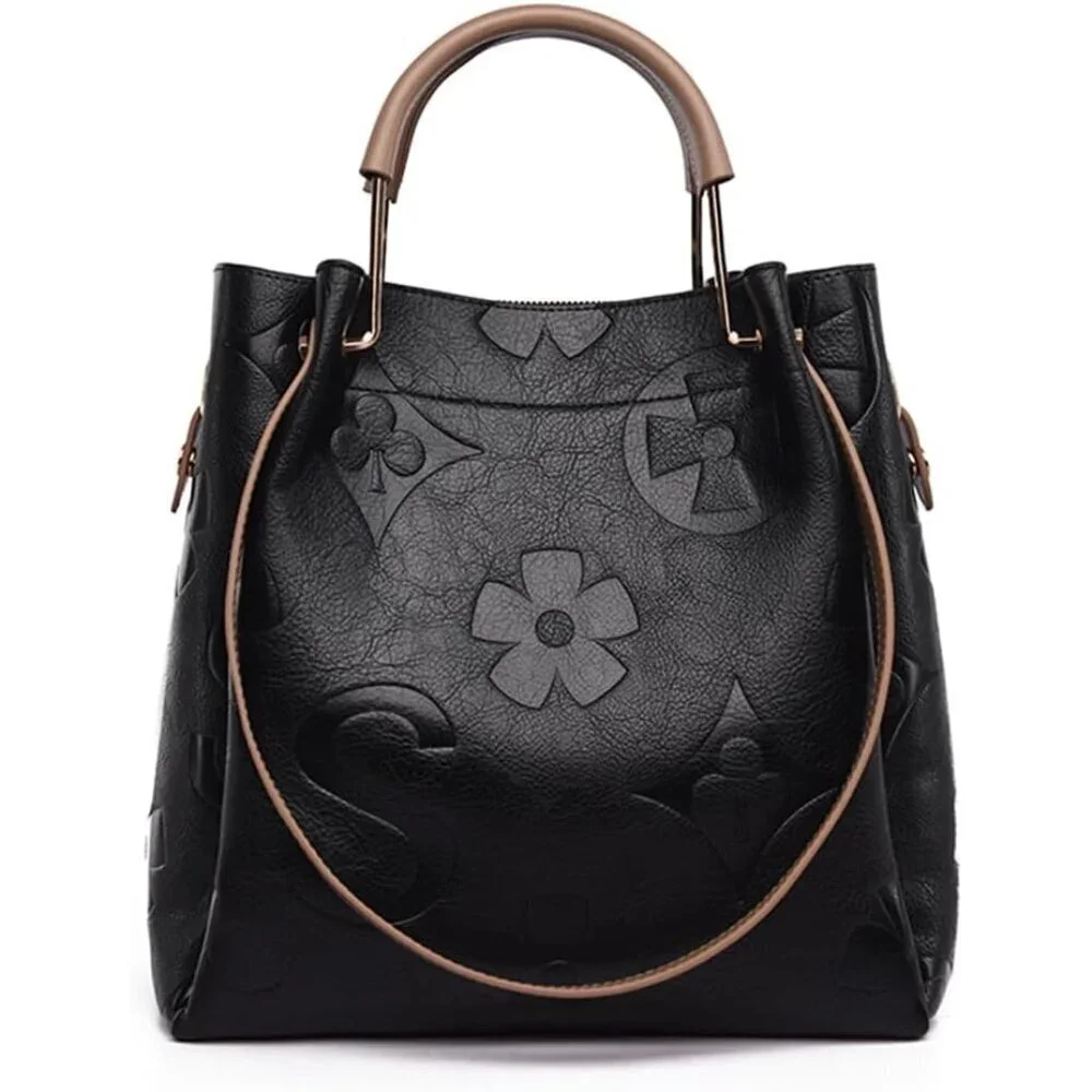 Women’s Faux Leather Bucket Bag Floral Embossed Tote Multiple Ways
